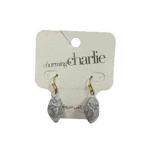 Charming Charlie Acrylic White Faux Marble Dangle Earrings Gold Tone Metal - Picture 1 of 11