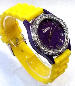 Team School Spirit Yellow Silicone Wrist Watch Purple Face Rhinestone Silver - Picture 1 of 2