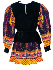 Vintage 1970s colorful paisley mini dress outfit set black velvet balloon sleeve - Picture 1 of 16