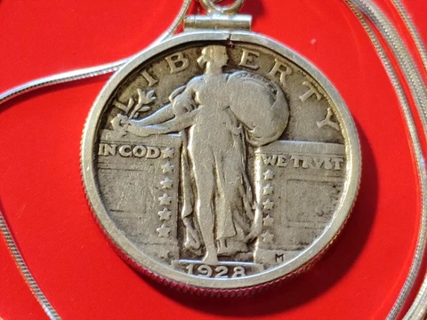 1928 STANDING LIBERTY QUARTER SILVER Pendant On  24" ITALIAN SILVER Snake CHAIN Cover