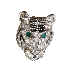 Silvertone Rhinestone Tiger Ring with Black Accents - Size 9, Statement Jewelry - Picture 1 of 4