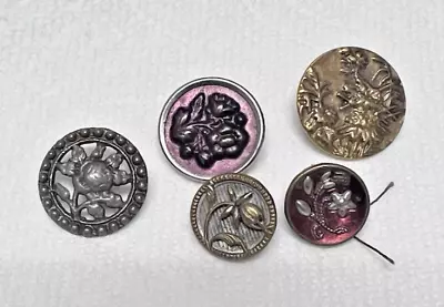 5 Antique Round Metal Picture Buttons Flowers of all Shapes - Image 1 of 4