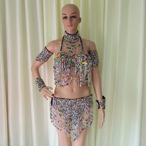 Da NeeNa R35 Rainbow Sexy Lady Showgirl Latin Salsa Samba Dance Bra Skirt M - Picture 1 of 4
