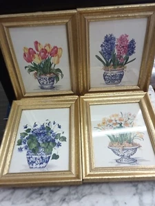 Barbara Mock signiert Goldrahmen 4 Kunstdrucke rosa blau gelb Blumen Vintage Set - Bild 1 von 11