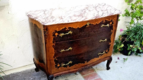FRENCH  COMMODE, DRESSER, CHEST, MARBLE TOP MARQUETRY INLAYED,BURLED WALNUT Cover