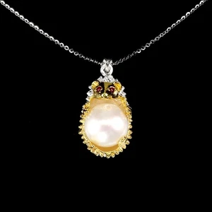 925 Sterling Silver Necklace Round Ruby Pearl Natural Gemstone Hedgehog Jewelry - Picture 1 of 13