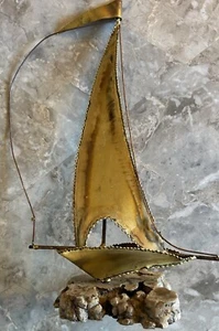 Vintage Metal Sail Boat Sculpture On Wood Base MCM Nautical Ship Sailing - Picture 1 of 13