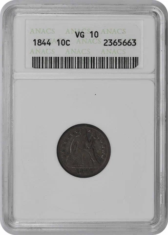 1844 Liberty Seated Silver Dime VG10 ANACS Cover