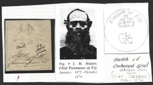 Fiji Rey Cakobau REY DE FIJI sello en relieve firmado J Haslett Postmaster 1872-74 - Imagen 1 de 1