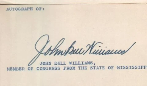 John Bell Williams Autographed Index Card Former Governor of Mississippi D.83 Cover