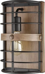 Farmhouse Wall Sconce Black Wall Light Cage with Wood Grain Finish 1-Light - Picture 1 of 9