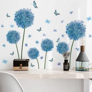 Blue Dandelion Flower Wall Stickers Butterfly Wall Decals Wall Art Wall Stickers - Picture 1 of 9