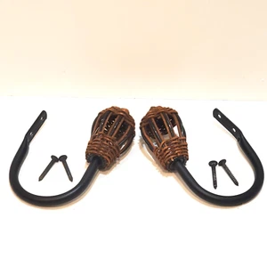 2 Curtain Drape Tiebacks Boho Woven Rattan Wicker Wire Brown Black w/ Hardware - Picture 1 of 9