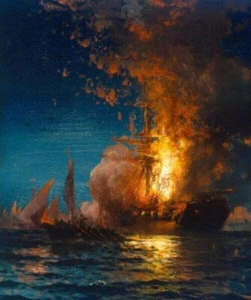 Burning of the Fregate Philadelphia von Edward Moran, Kunstdruck, ungerahmt, 21x26" - Bild 1 von 4