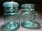 Vintage Clear Blue Pint Ball Ideal Canning Jar Wire Glass Lid July 1908 Antique 