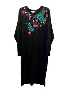 80er Jahre schwarz Strick Pullover Kleid Pailletten Schmetterlinge Blumen Damengröße 16 Stretch - Bild 1 von 6