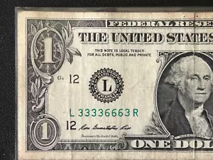 FANCY SERIAL NUMBER $1 BINARY L 33336663R FANCY SERIAL NUMBER CS-910 - Picture 1 of 3