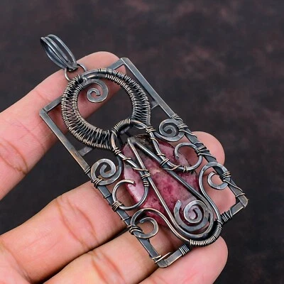 Colgante envuelto en alambre de rodonita hecho a mano cobre ropa diaria joyería 3,7" Foto 1 de 4
