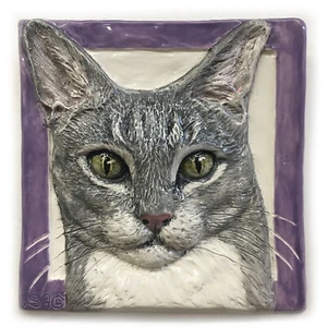 Shorthair Cat Ceramic portrait 3d tile bas-RELIEF Handmade Sondra Alexander Art - Picture 1 of 4