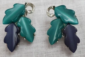 Leaves Blue Green Signed Lisner Earrings Clips VTG Silver 1.5" - Picture 1 of 7