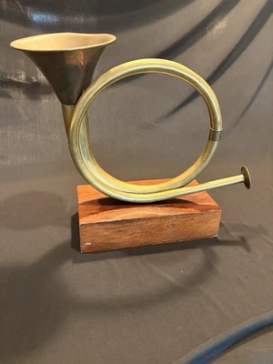 Vintage Brass Decorative Horn Mounted On A Wooden Base. Made In India - Image 1 of 4