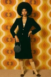 TRAJE TERCIOPELO 2 PIEZAS VINTAGE AÑOS 70 Falda Chaqueta Estrás Botones Midi Negro S M - Imagen 1 de 16