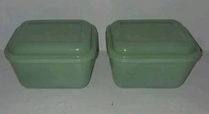 2 Vintage Fire King Jadeite Philbe Refrigerator Jar Bowl Dish w Lids Early 40's - Picture 1 of 9