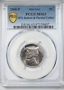 2000-P Jefferson Nickel 5C PCGS MS63 - Mint Error 15% Indent & Partial Collar - Picture 1 of 6