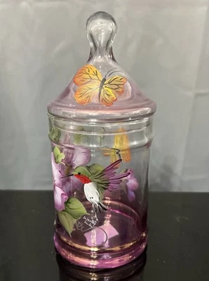 Tamarack WV Glass Hand Painted Hummingbird Fuscia Purple Apothecary Jar Lid Sign - Image 1 of 4