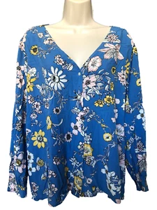 GAP Size XL Cotton Blue Floral Long Sleeve Button Up V-Neck Top Women's - Picture 1 of 6