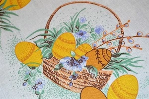 EASTER EGG BASKET OF PANSY FLOWERS VTG GERMAN RETRO LINEN BLEND PRINT TABLECLOTH - Picture 1 of 10
