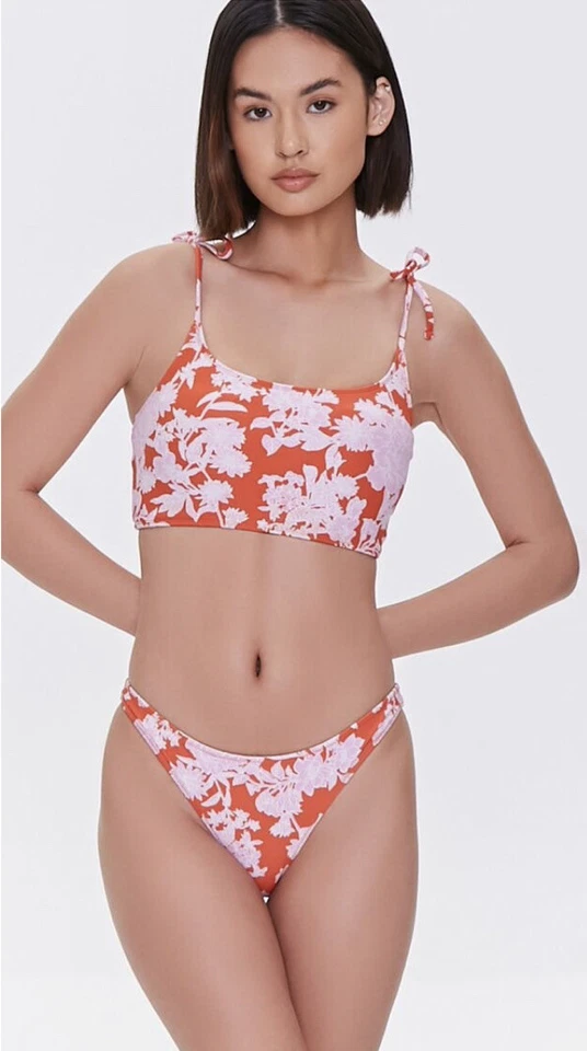 FOREVER 21 новый с Ярлыками женские Juniors нахальный цветочный оранжевый фиолетовый бикини низ размер L - Изображение 1 из 4