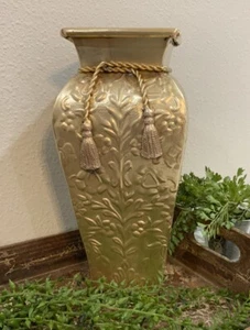 Vtg Solid Brass Floral Embossed Vase Twisted Gold Cord Tassel 10 1/2” H - Picture 1 of 8
