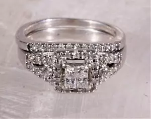 Diamant Cluster Halo Verlobungsring Set 10K Weißgold 0,44 CTW Größe 4,75 - Bild 1 von 7