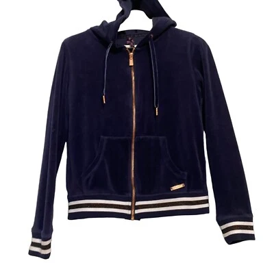 Sudadera con Capucha Betsey Johnson Y2K Terciopelo Azul Marino y Oro Rosa M Foto 1 de 4
