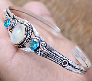 Brazalete brazalete de plata de ley 925 con piedras preciosas de topacio azul y piedra lunar arco iris para hombre - Imagen 1 de 6