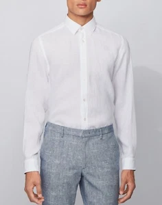 HUGO BOSS REGULAR Fit Asjustable Sleeve Chambray Linen White mens Shirt 2XL - Picture 1 of 5