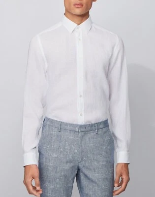 HUGO BOSS REGULAR Fit Asjustable Sleeve Chambray Linen White mens Shirt 2XL - Image 1 of 4