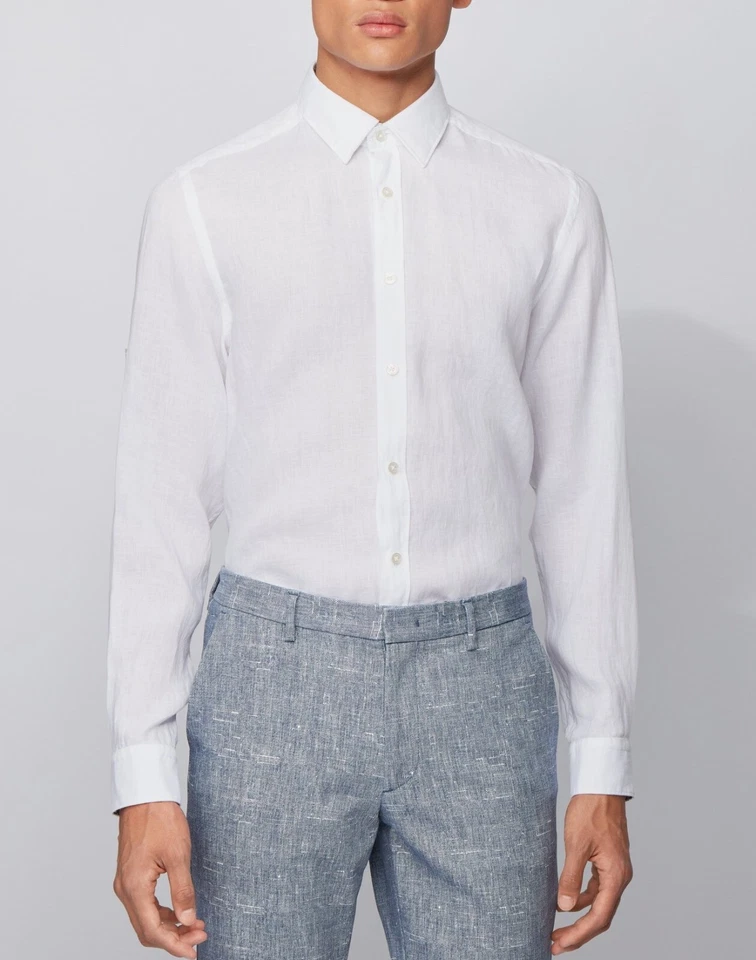 HUGO BOSS REGULAR Fit Asjustable Sleeve Chambray Linen White mens Shirt 2XL - Image 1 of 4