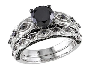 1.39 Carat (ctw) Black Diamond Engagement Wedding Ring Band Set i0K White - Picture 1 of 25