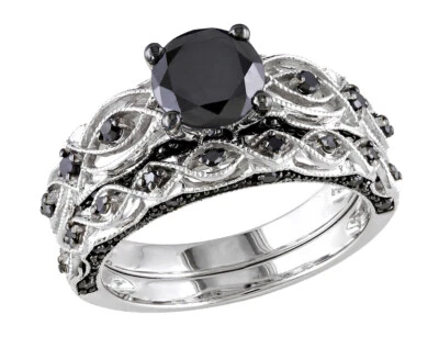 1.39 Carat (ctw) Black Diamond Engagement Wedding Ring Band Set i0K White - Image 1 of 4