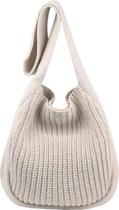 Women's Crocheted Crossbody Tote Hobo Bag, Knitted Shoulder 01 - White  - Picture 1 of 7