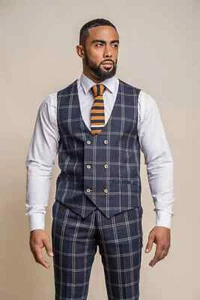 Navy Check Waistcoat Tweed Cavani Bonita Chest 46 Inch Slim Fit Vest - Picture 1 of 1