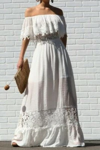 Bohemian White Off Shoulder Ruffle Crochet Lace Trim Boho Peasant Maxi Dress M - Picture 1 of 5