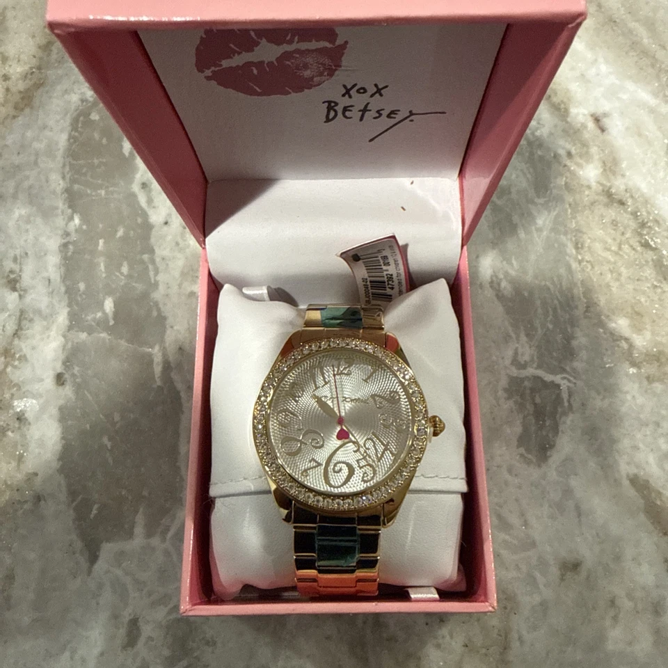 Betsey Johnson Bj00048-02 Sliver Dial Gold Tone Crystal Bezel Womens Watch NWB