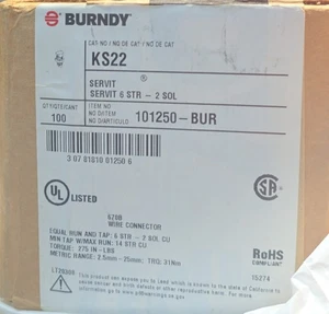 BURNDY KS22 (PKG OF 100) NSFS Split Bolt Connector,Run/Tap: #8 AWG Str-6 AWG  - Picture 1 of 3