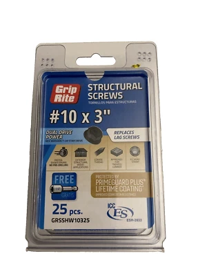 "Arandela hexagonal eléctrica Grip Rite tornillos estructurales doble accionamiento #10 x 3"" - 25 piezas" Foto 1 de 3