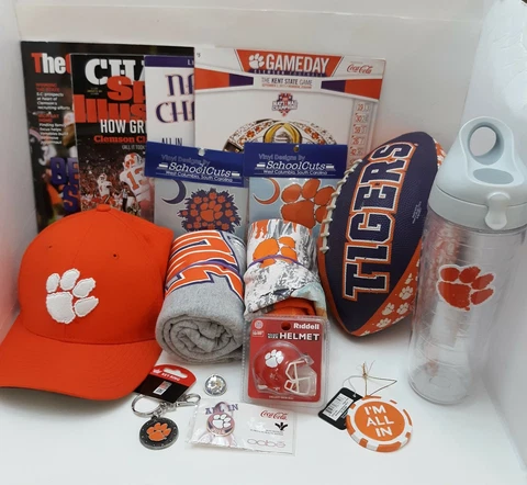 CLEMSON TIGERS Souvenir Lot : Hat Keychain Lapel Pins Insulated Mug Football Ts Cover