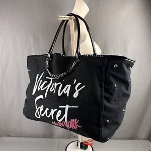 Victoria's Secret New York Large Weekender Tote Black Studded Chain Patent Trim - Picture 1 of 16