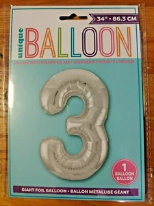 Unique Giant Number 3 Three Balloon  Foil Helium Balloon 34 Inch Silver - Picture 1 of 3